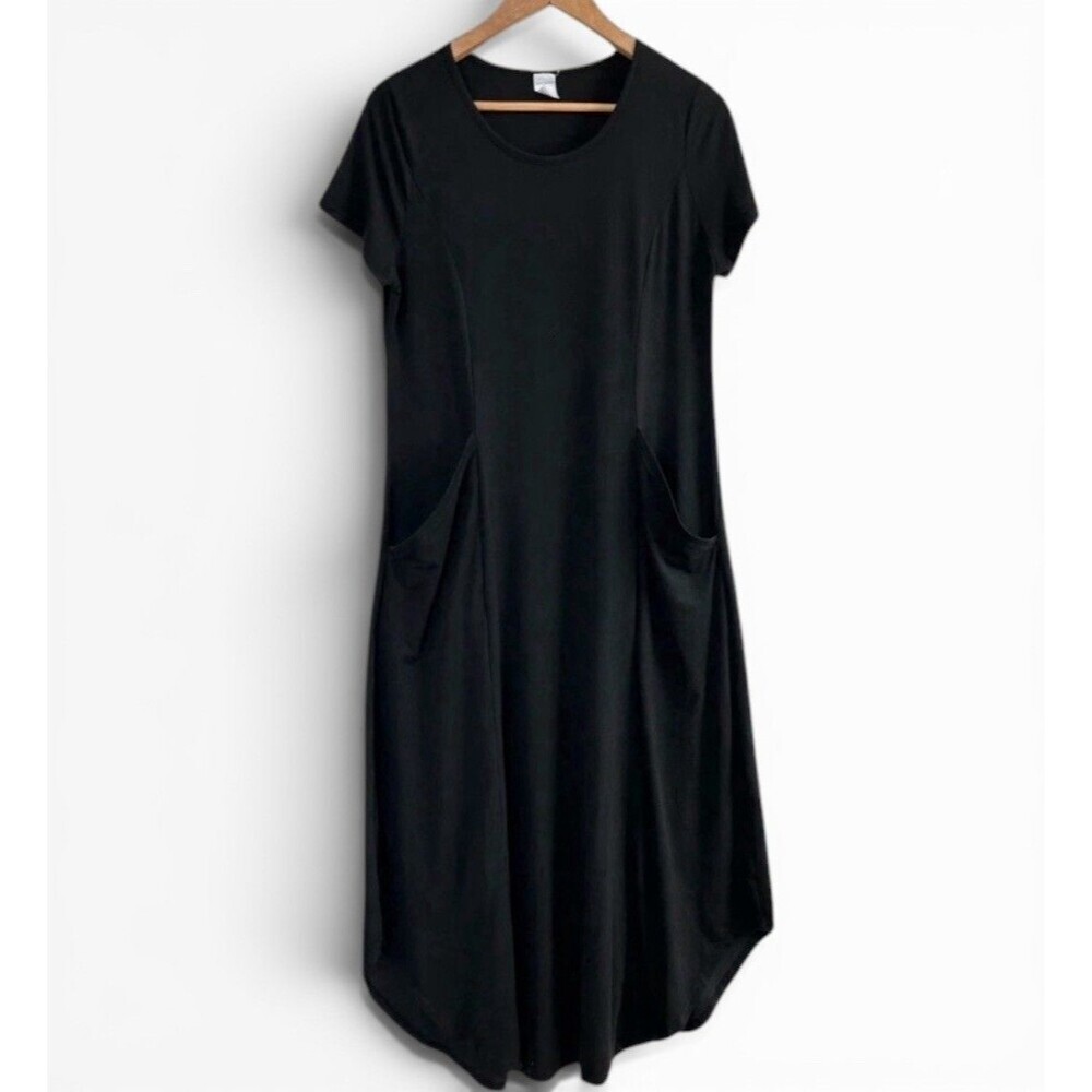 Boho Black Dress for Women L, Short Sleeve with Pockets, Casual Summer Style